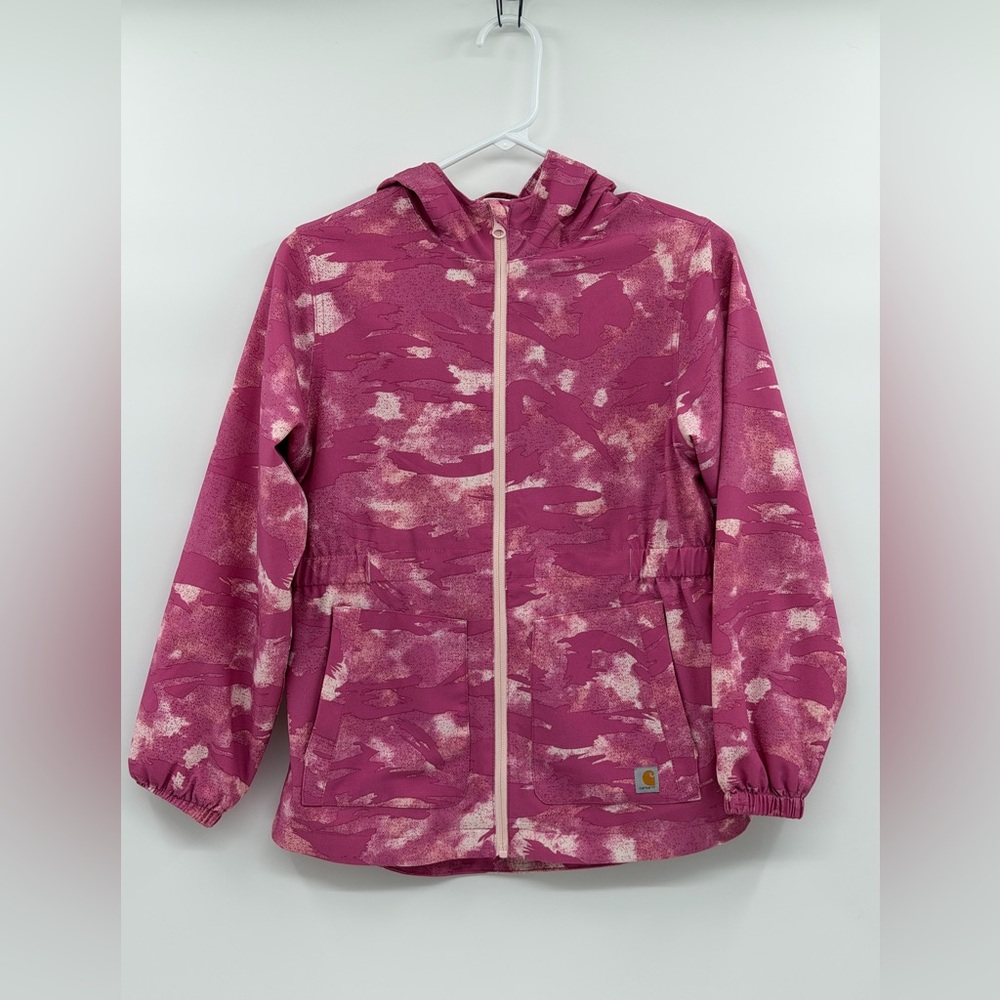 Carhartt Girls Hooded Windbreaker Jacket Pink Camo M (10-12)